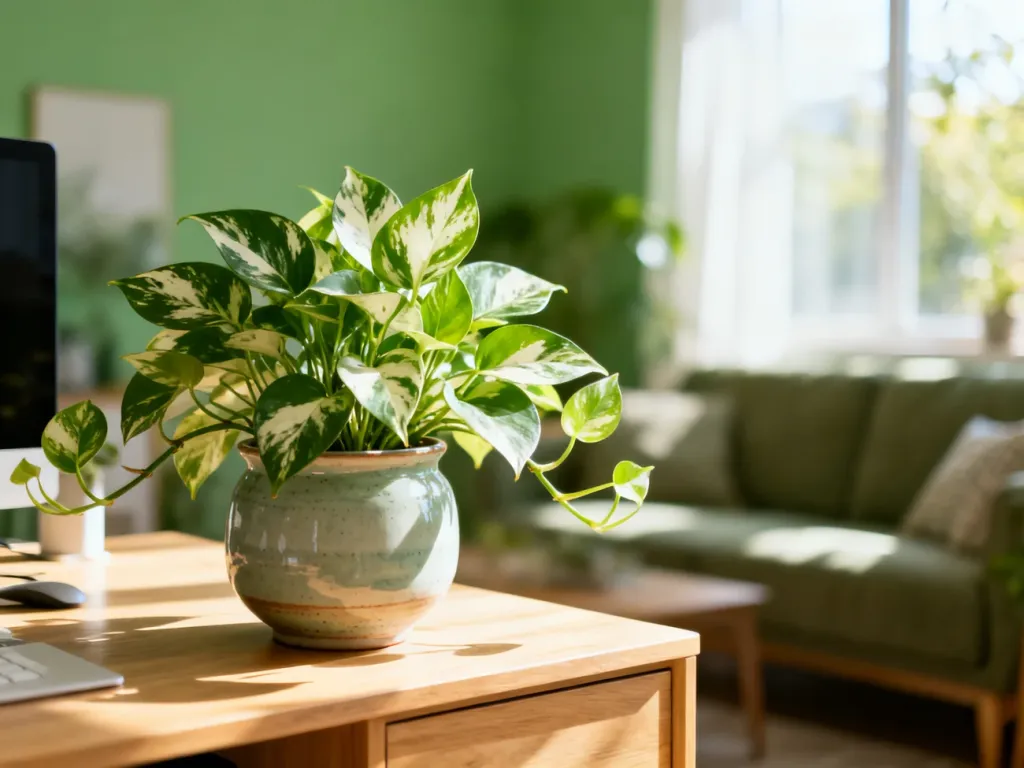 Bujne Epipremnum 'Happy Leaf' w ceramicznej doniczce na drewnianym biurku w słonecznym salonie.