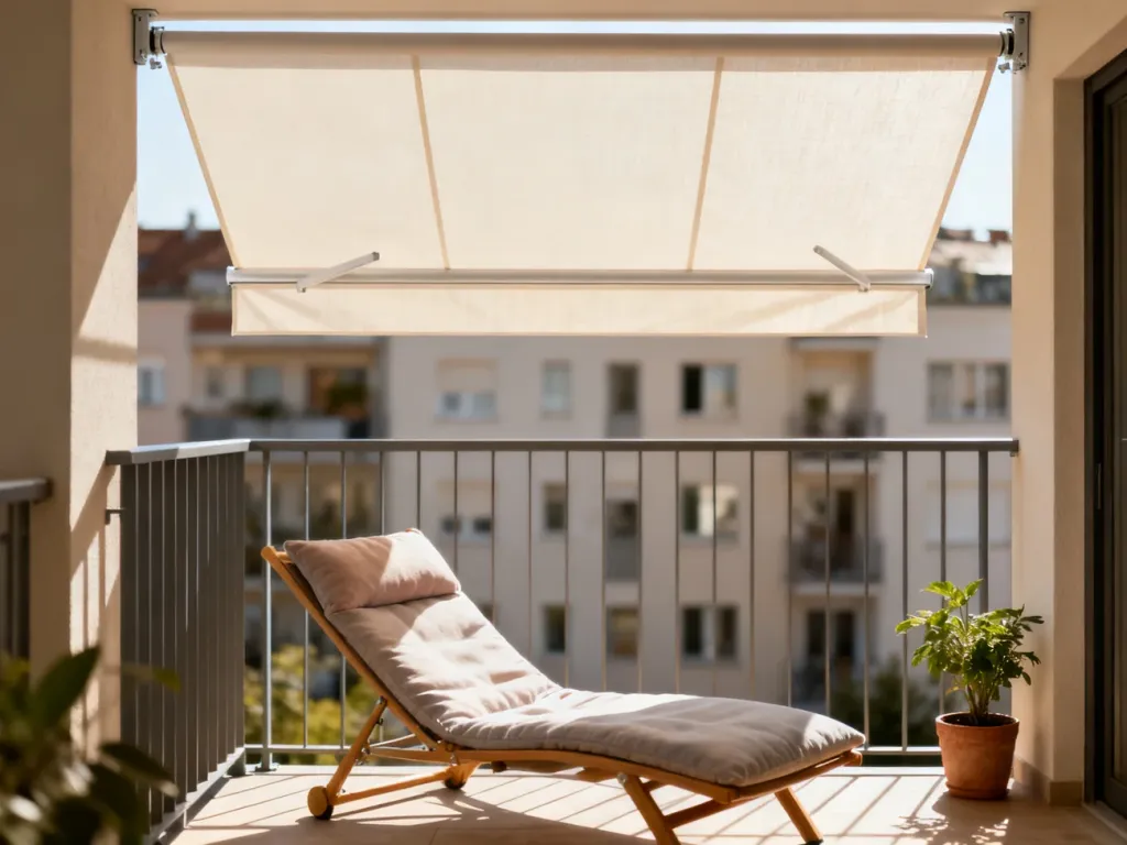 Przytulny balkon w bloku z nowoczesnym zadaszeniem z tkaniny zamontowanym bez wiercenia oraz wygodnym fotelem wypoczynkowym.