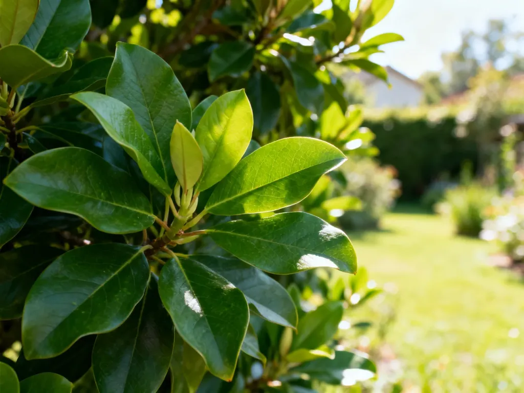 Zdrowe, soczyście zielone liście magnolii po okresie kwitnienia w słonecznym ogrodzie.